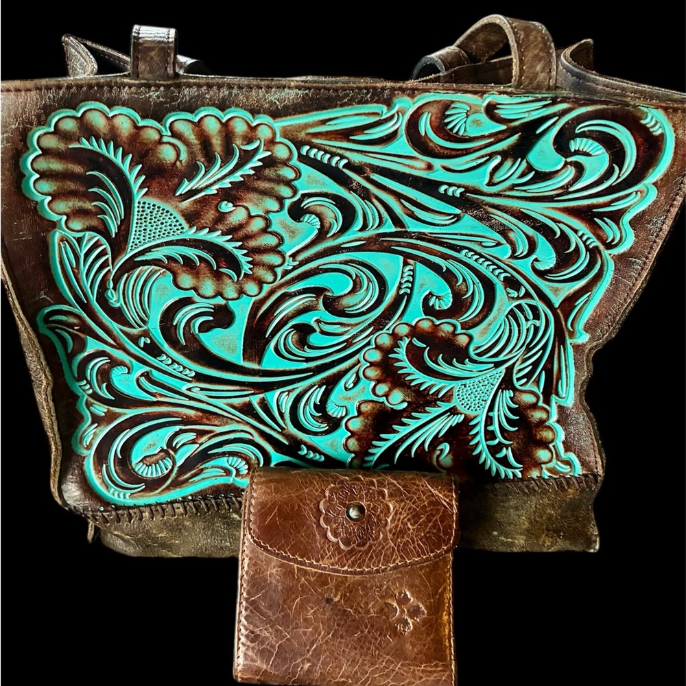 Patricia Nash Turquoise and Brown Embossed Leather Tote
